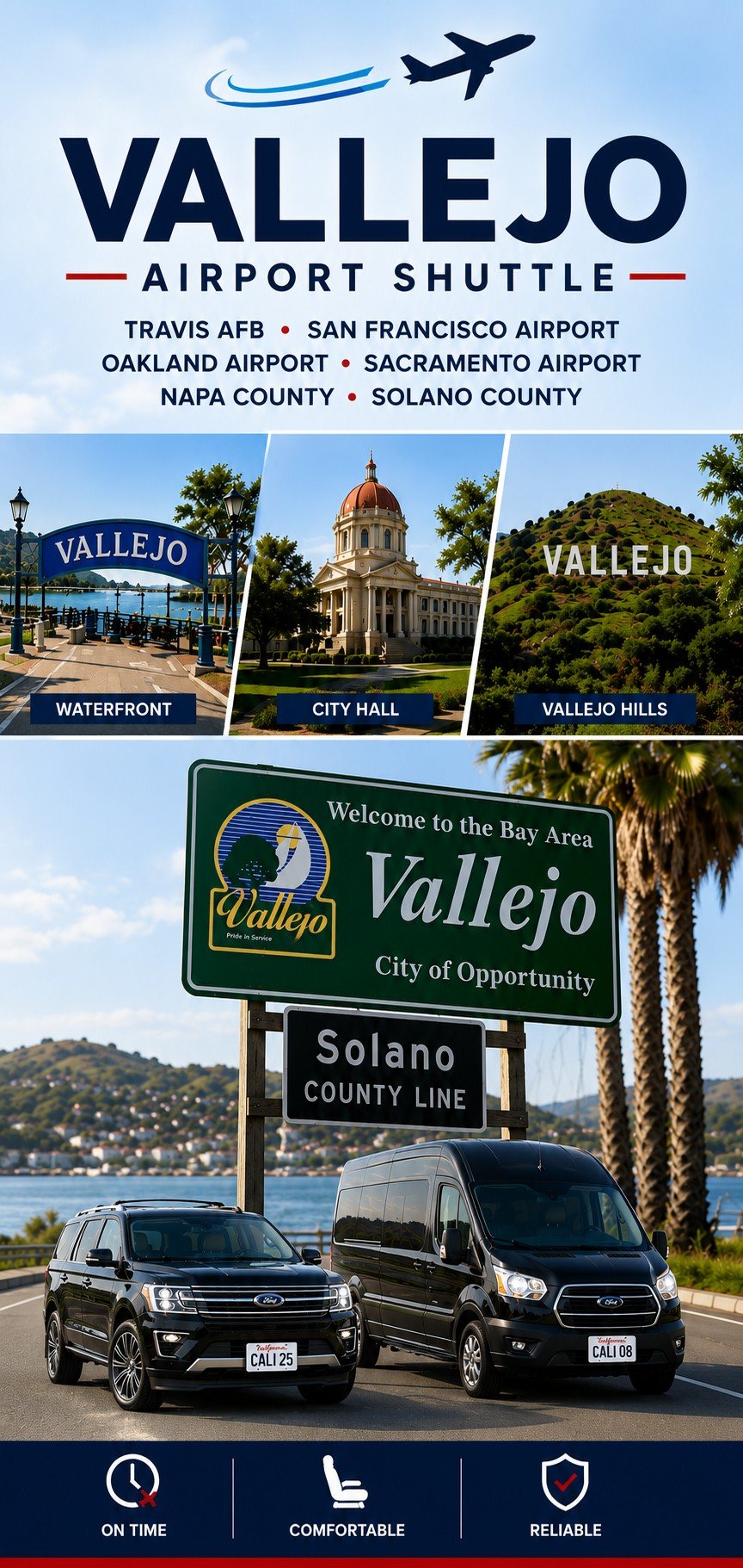 Vallejo Airport Shuttle Serving Solano County by California Airport Shuttle. We always offered dependable, professional rides throughout Solano County.